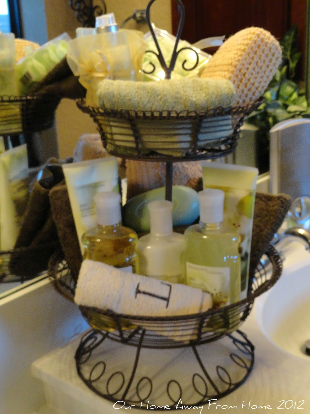Bath Gift Basket Ideas
 Our Home Away From Home Tiered basket in the bathroom and
