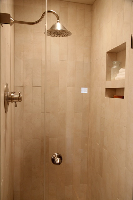 Bathroom Shower Stalls
 Shower stall with rain shower head and niche for storing