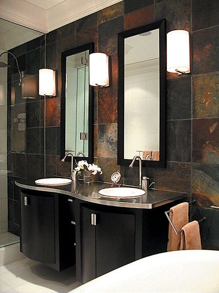Bathroom Tile Shower
 reminiscent of Raku Brazilian Multicolor Slate is used as