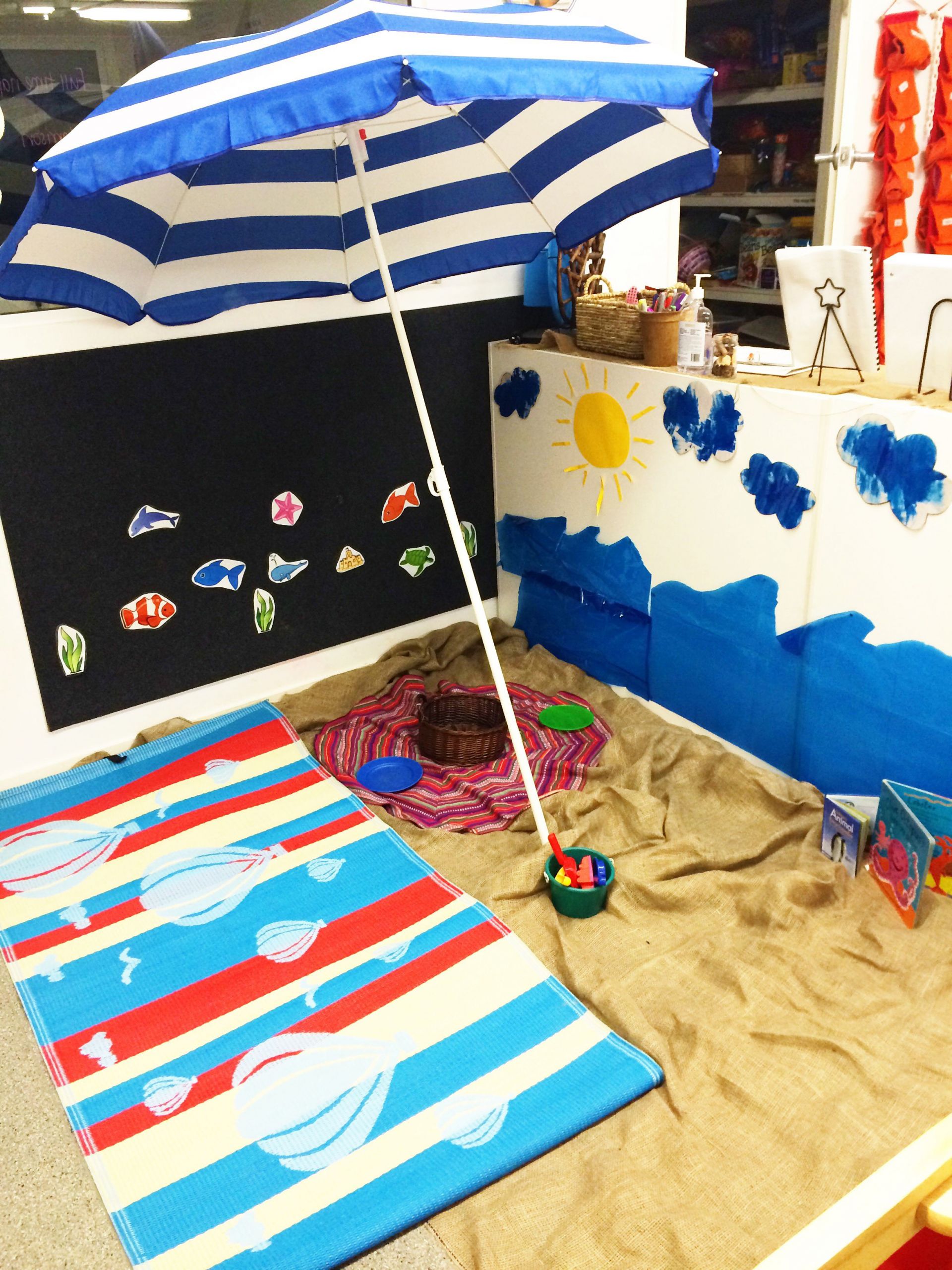 Beach Party Ideas For Preschoolers
 Beach theme area at preschool we also added shells and
