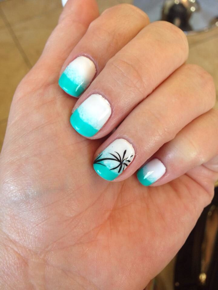 Beach Themed Nail Art
 Gorgeous summer beach theme nails Gel with teal fade tips