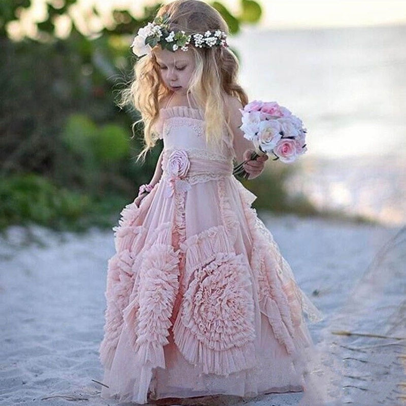 Beach Wedding Flower Girl Dresses
 Lovely Blush Pink Halter Beach Tulle Flower Girl Dresses