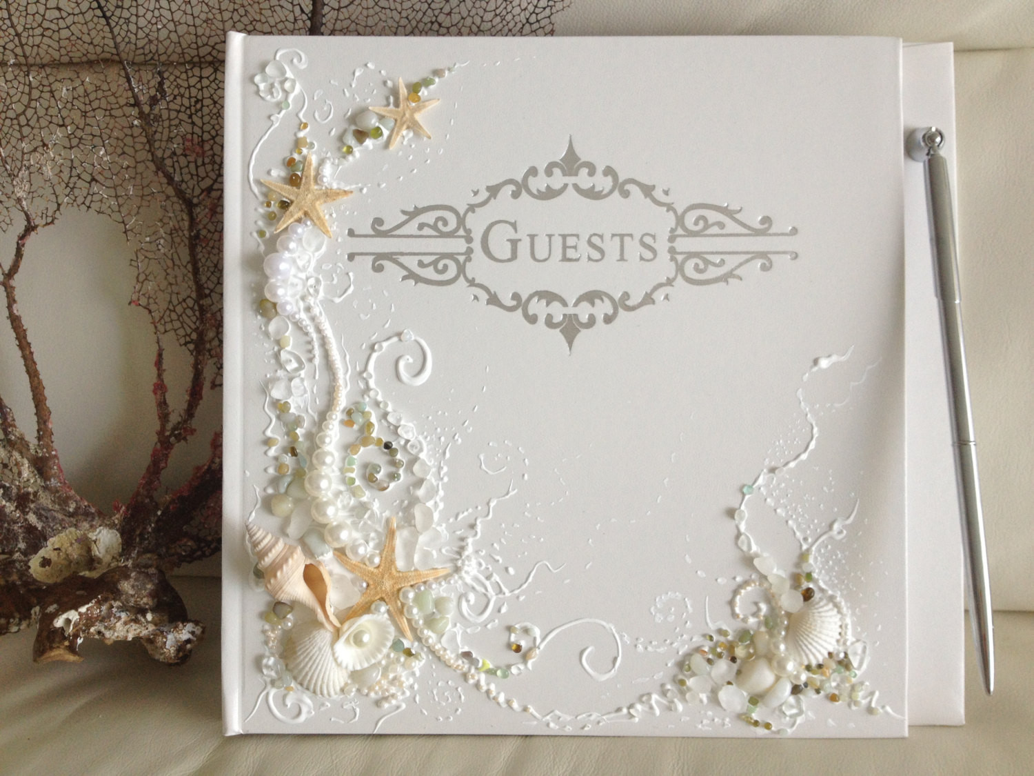 Beach Wedding Guest Books
 Beach wedding guest book and pen 11x 10 or 6x8 5 by