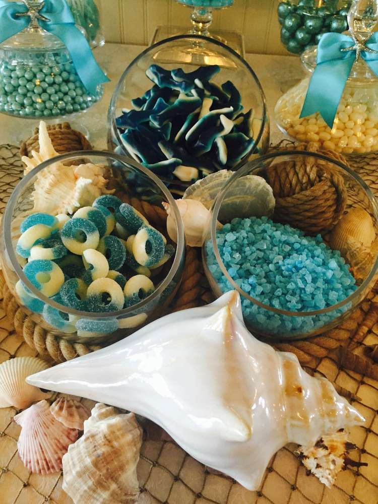 Beach Wedding Party Ideas
 Delicious candy display at a beach themed wedding party