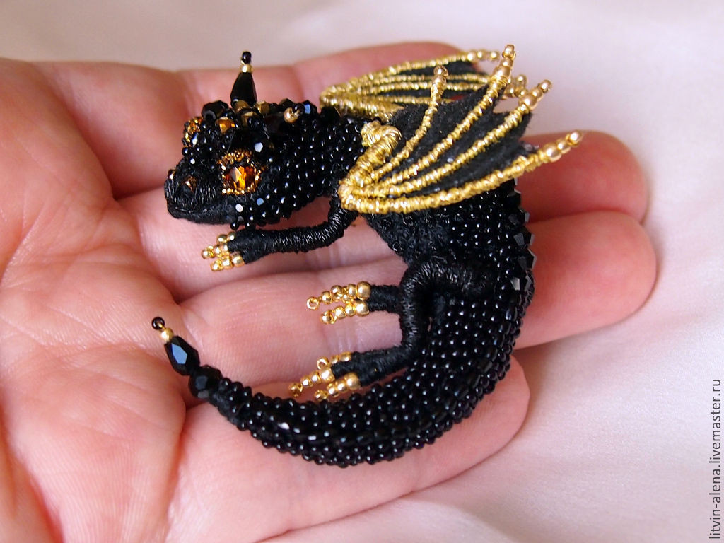 Beaded Brooches
 Brooch dragon "Black amber" Brooch beads Embroidered