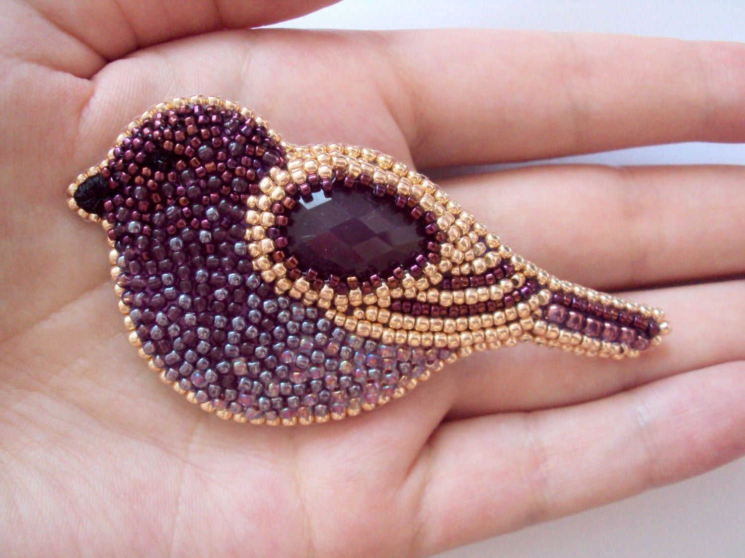 Beaded Brooches
 purple beaded bird brooch bead embroidery bird