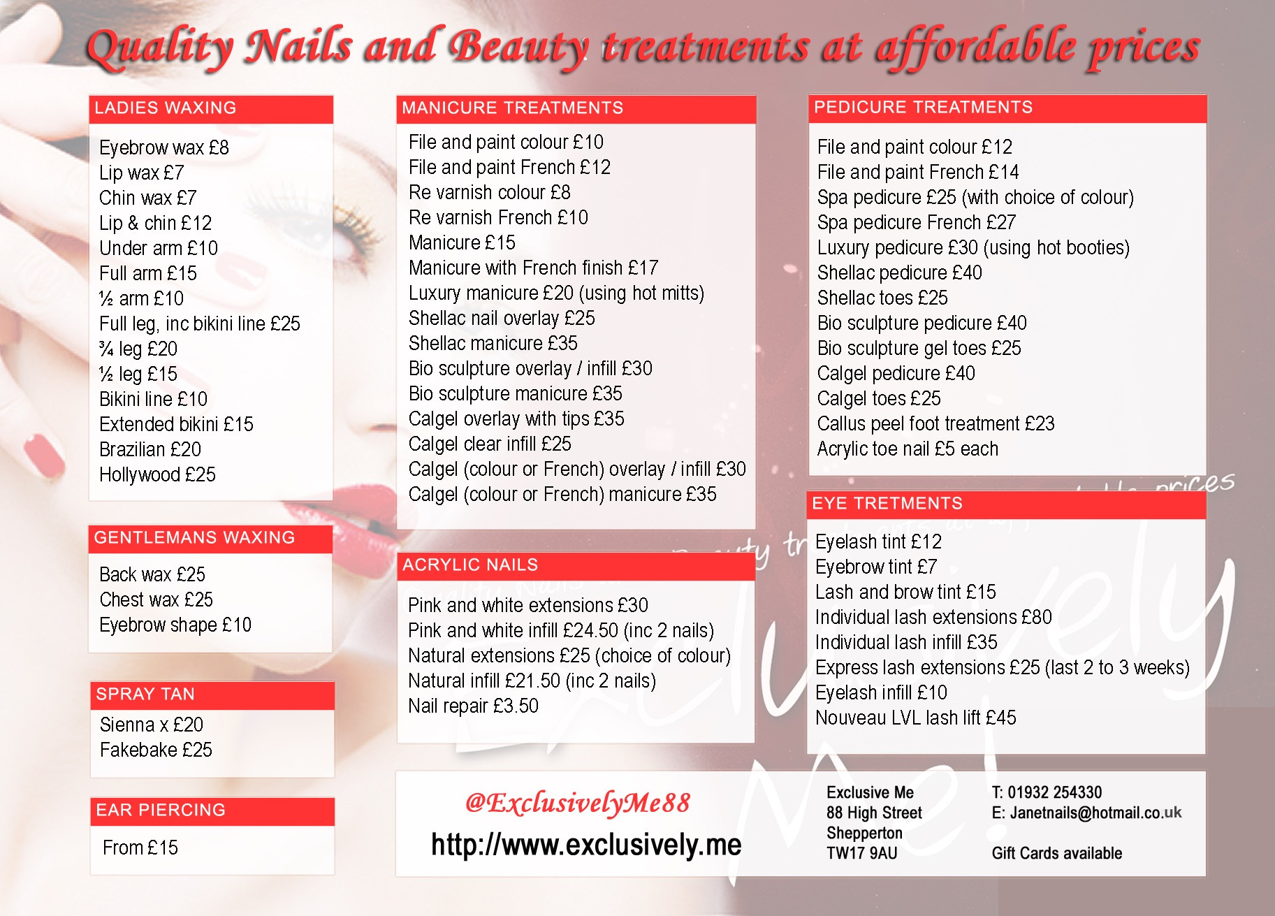 Beautiful Nails Prices
 Exclusively Me