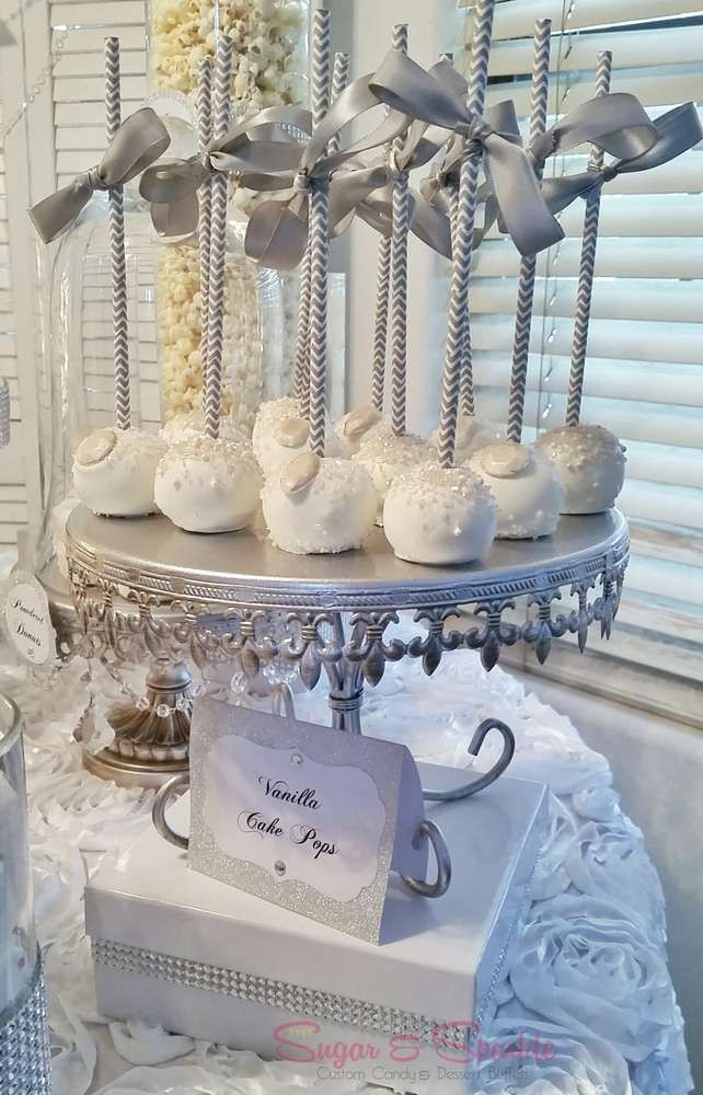 Best Engagement Party Ideas
 White and silver cake pops at a Glam Engagement Party See
