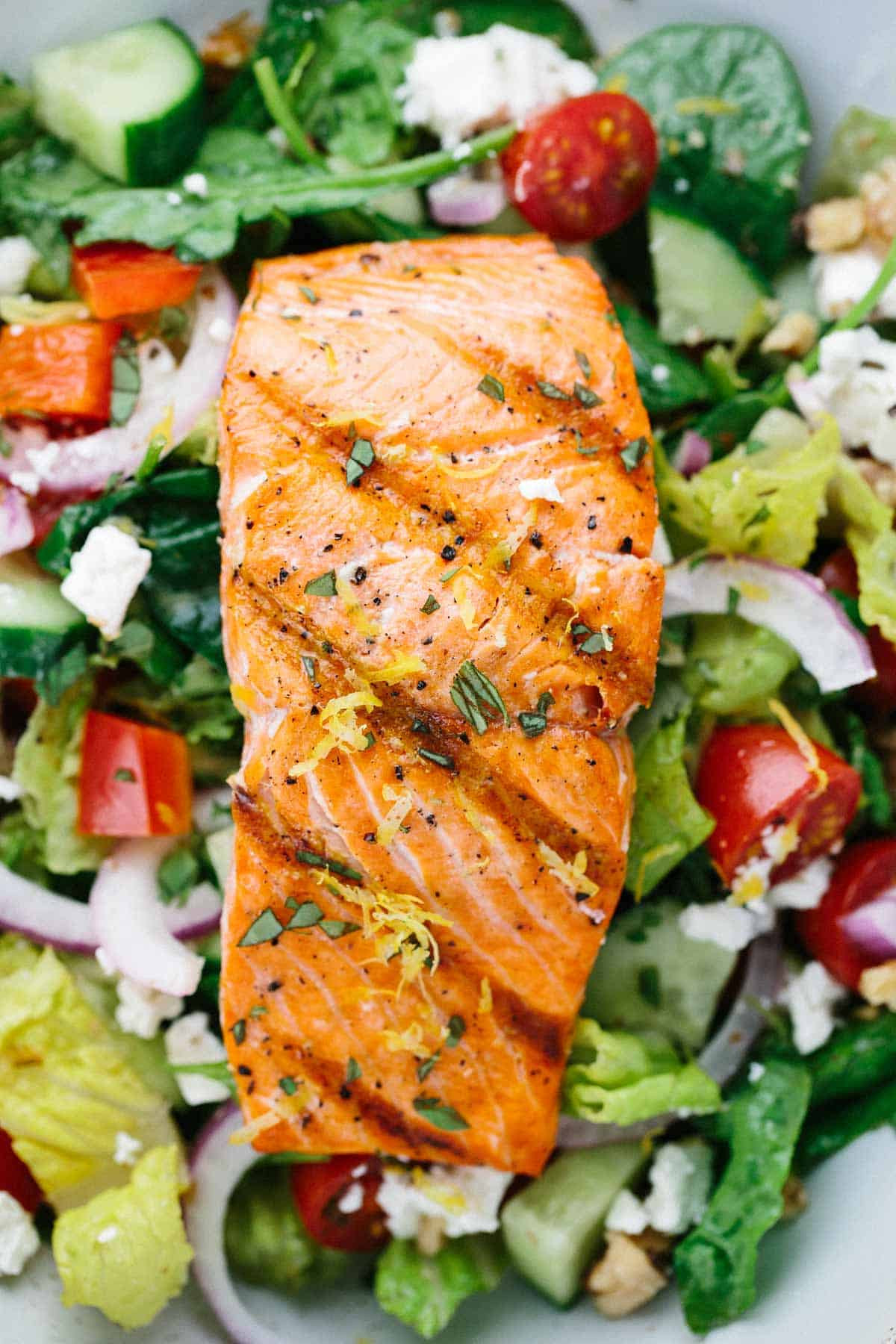 Best Salmon Salad Recipe
 Grilled Salmon Greek Salad with Lemon Basil Dressing