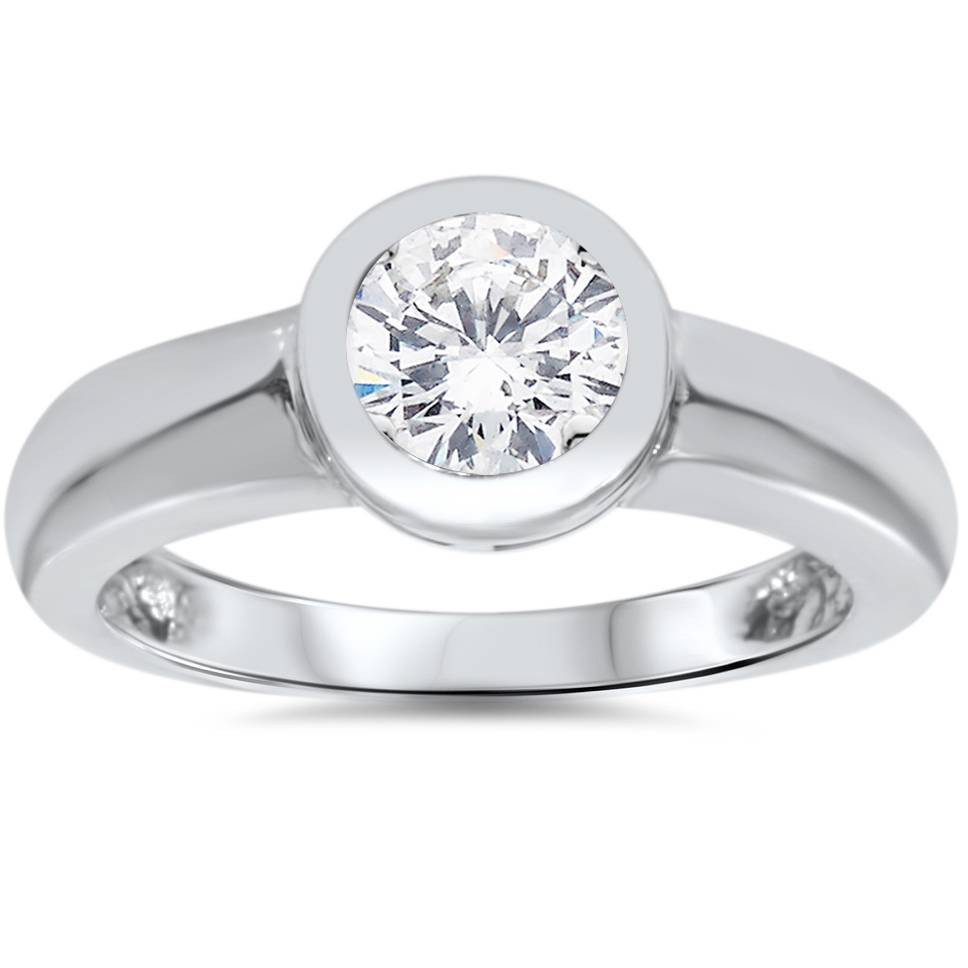 Bezel Wedding Band
 1ct Bezel Set Solitaire Diamond Engagement Ring 14K White