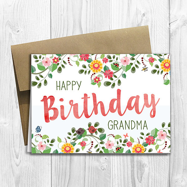 Birthday Card For Grandma
 PRINTED Floral Watercolor Happy Birthday Grandma 5x7 Greeting