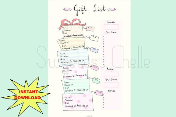 Birthday Gift List
 Cute Printable A5 Page Gift List Gift List Tracker Gift