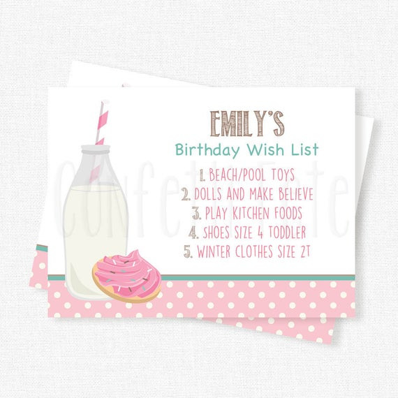 Birthday Gift List
 Milk and Cookies Birthday Wish List Inserts Birthday Gift