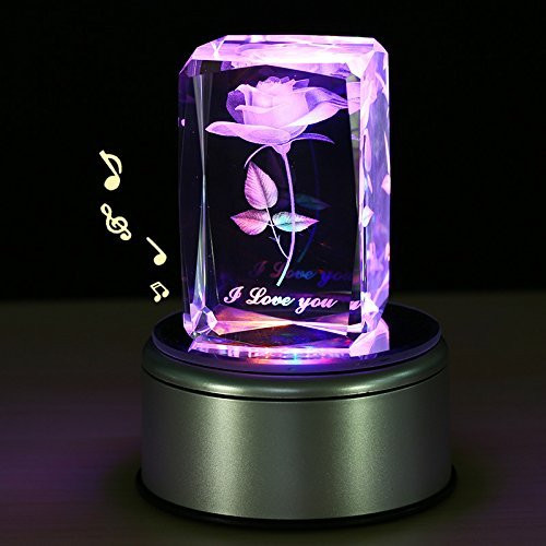 Birthday Gifts For Her
 LIWUYOU Crystal Music Box 3D Rose Flower Colorful LED