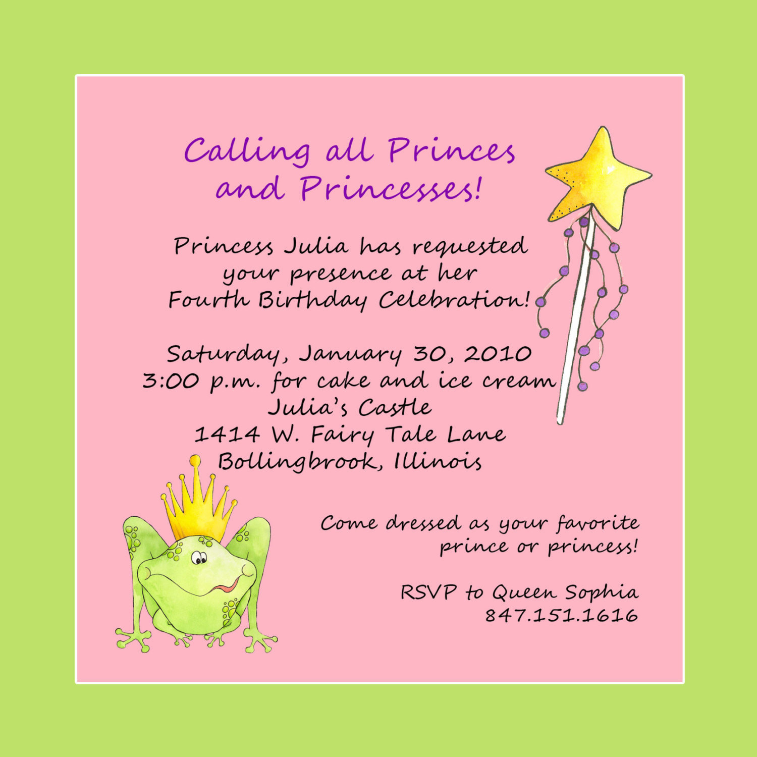 Birthday Invitation Text
 Princess Theme Birthday Party Invitation Custom Wording