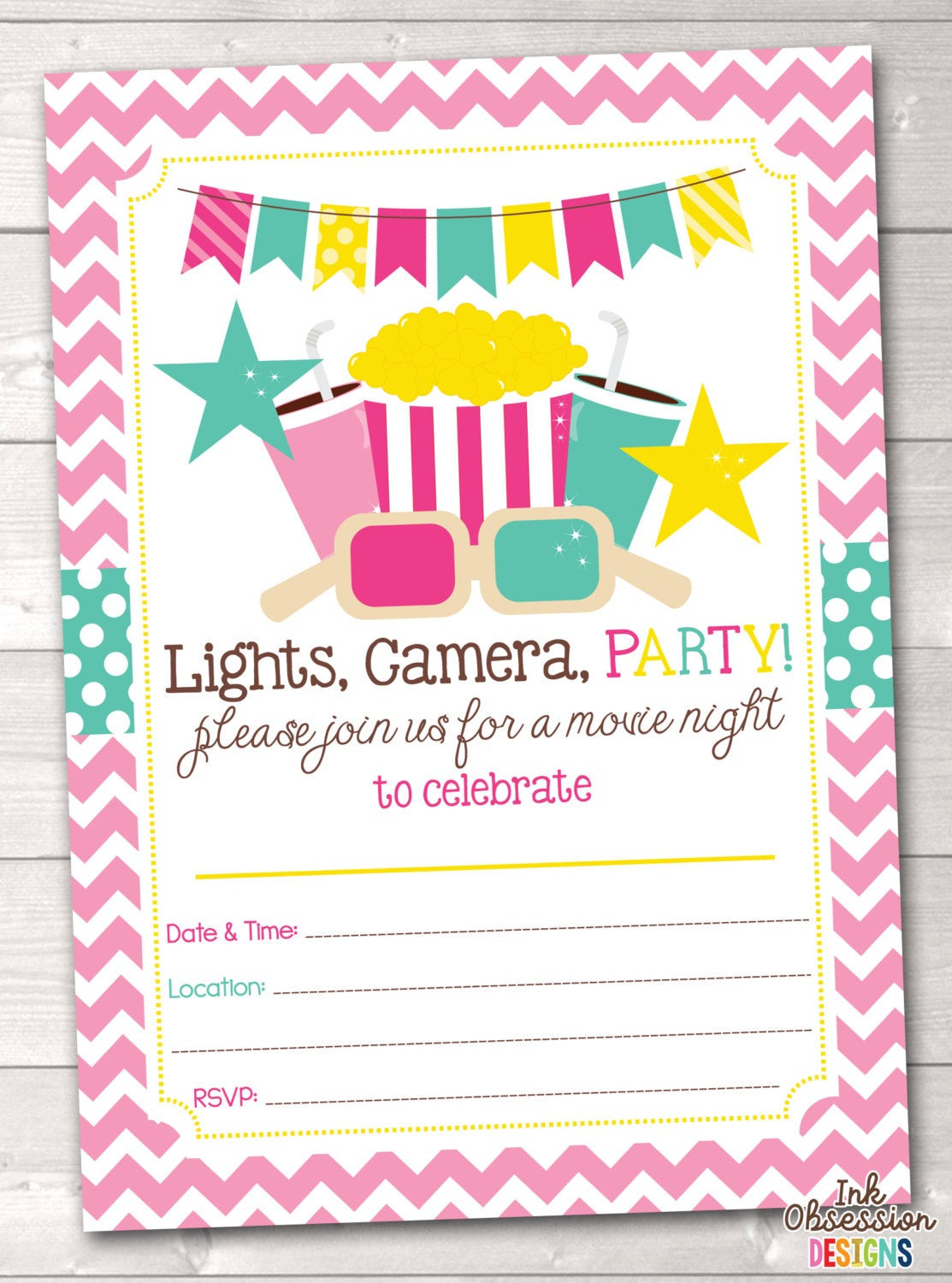 Birthday Invitations
 Printable Girls Movie Party Birthday Party Invitation Instant