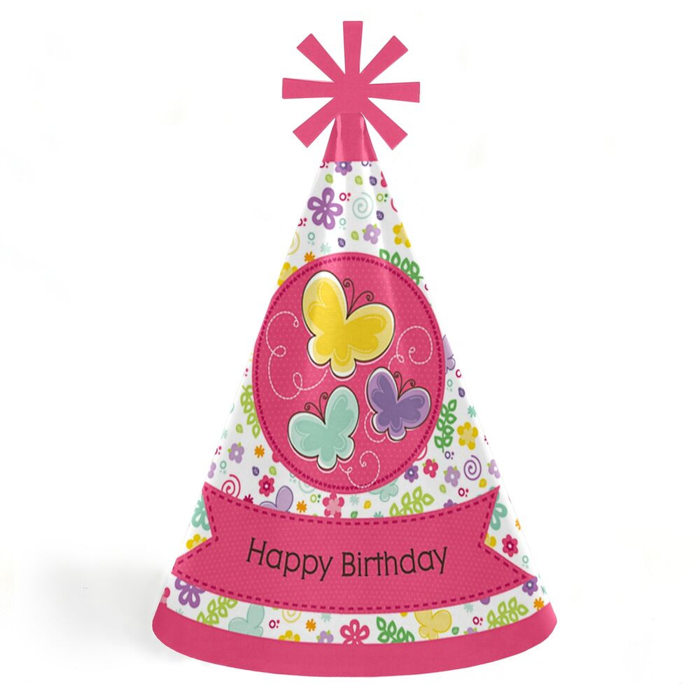 Birthday Party Hats
 Butterfly and Flowers Cone Happy Birthday Party Hats for