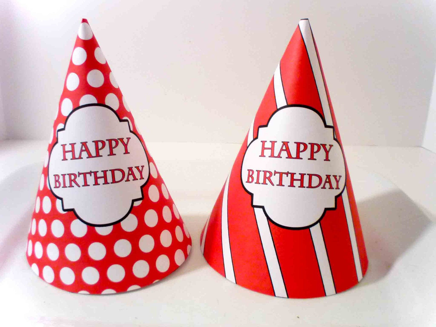 Birthday Party Hats
 Party hats Red and White PRINTABLE Birthday Hats
