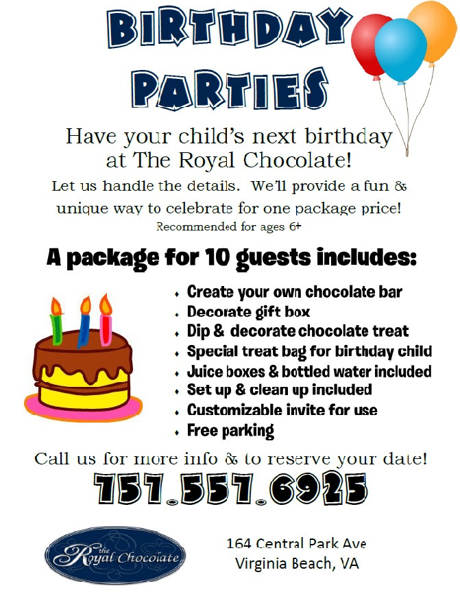 Birthday Party Ideas In Virginia Beach
 Childrens Birthday Parties at The Royal Chocolate