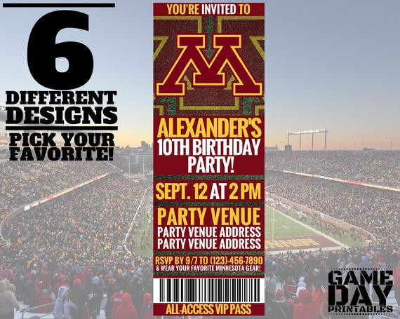 Birthday Party Ideas Mn
 Minnesota Golden Gophers Birthday Invitation by