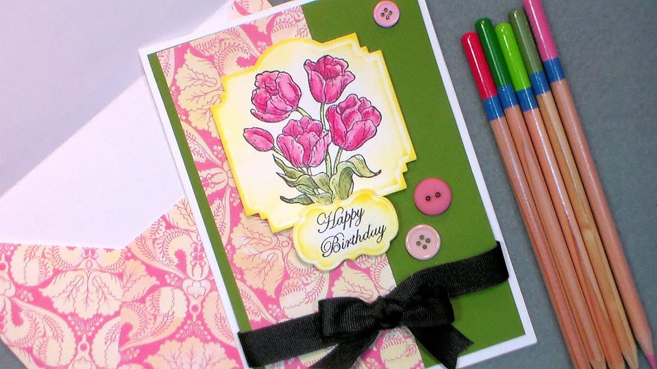 Birthdays Cards
 Tulip Happy Birthday Card with Cheap Watercolor Pencils