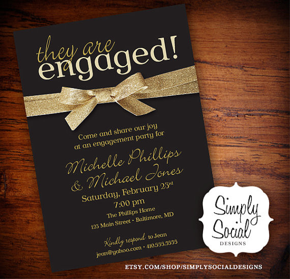 Black And Gold Engagement Party Ideas
 Black And Gold Glitter Ribbon Engagement Party Invitation