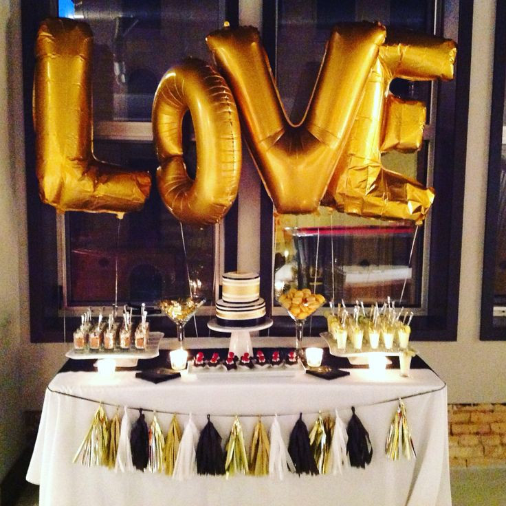 Black And Gold Engagement Party Ideas
 Drunk on love stock the bar party dessert table Black