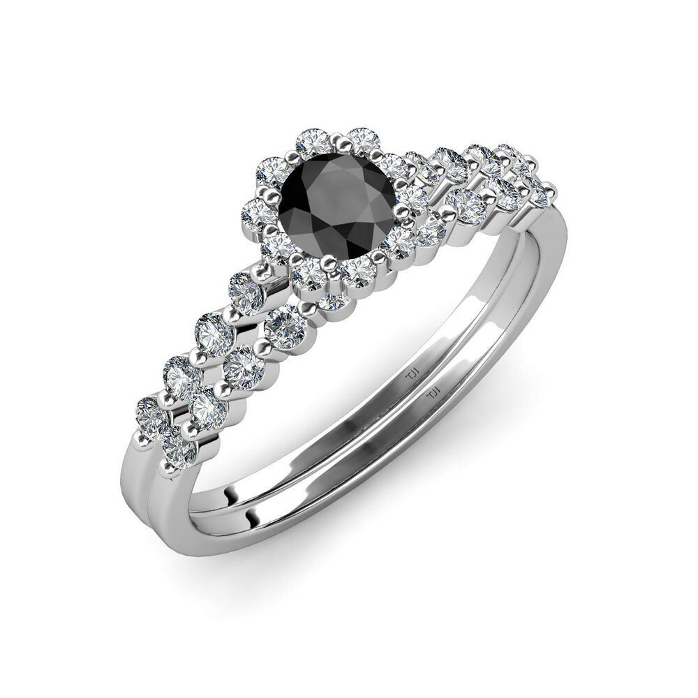 Black And White Wedding Ring Sets
 Black & White Diamond Halo Bridal Set Ring & Wedding Band