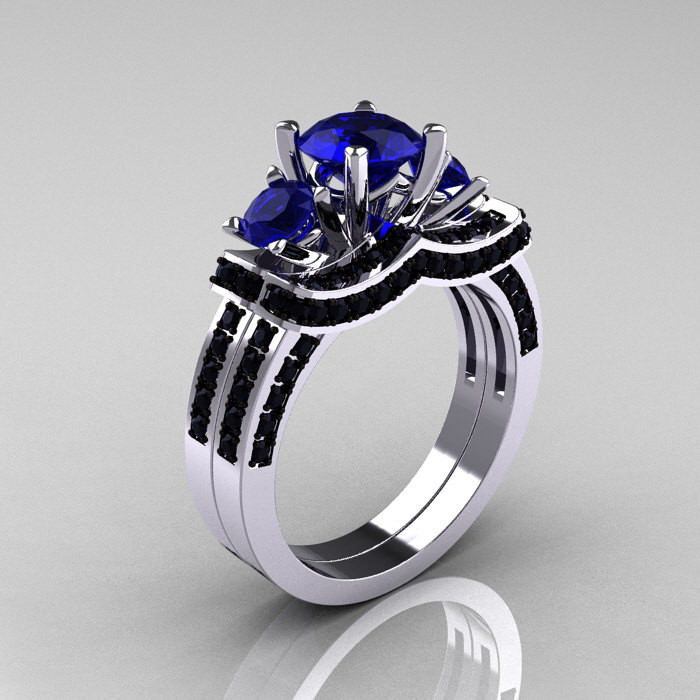 Black And White Wedding Ring Sets
 French 14K White Gold Three Stone Blue Sapphire Black