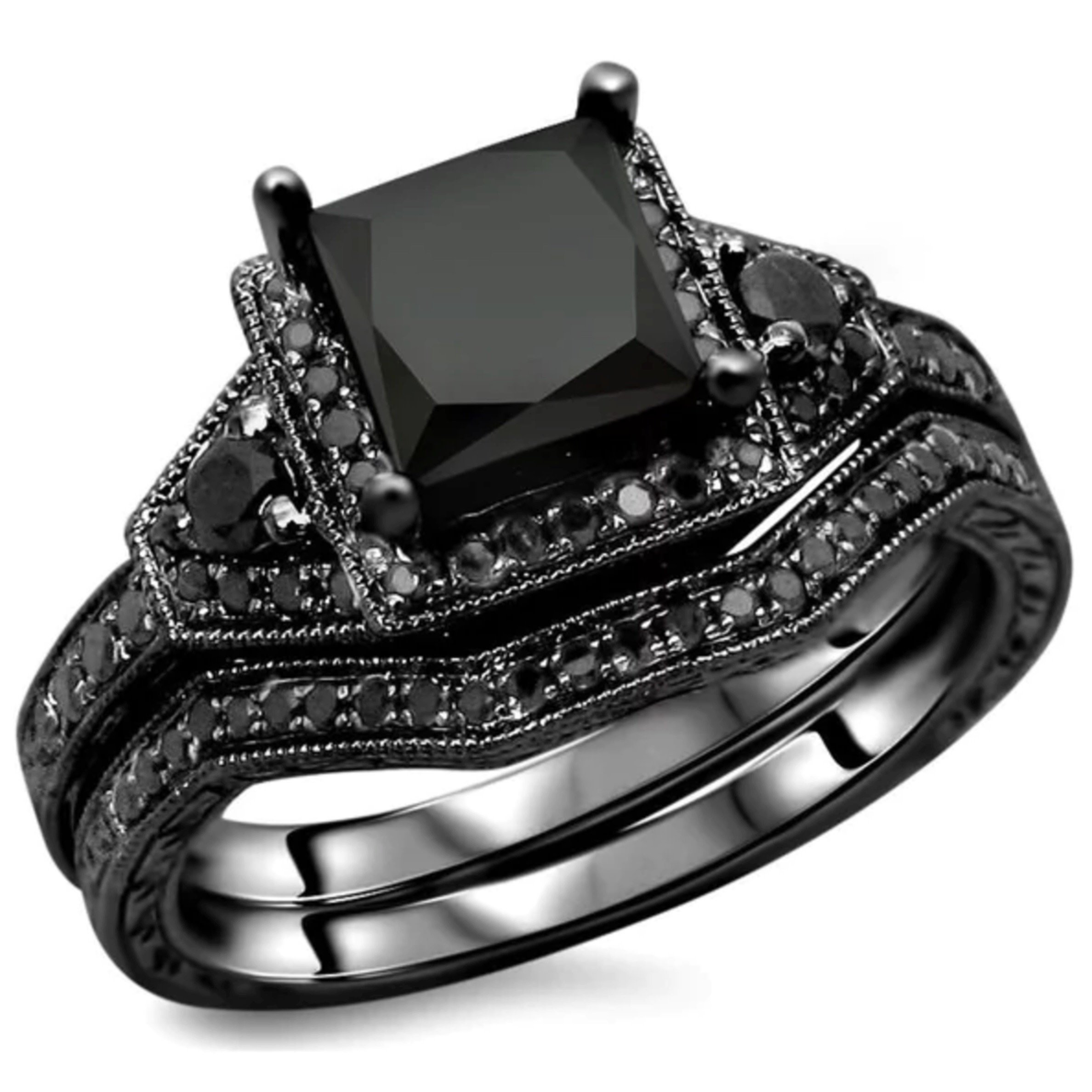 Black And White Wedding Ring Sets
 Black Diamond 925 Sterling Silver Engagement Ring Set