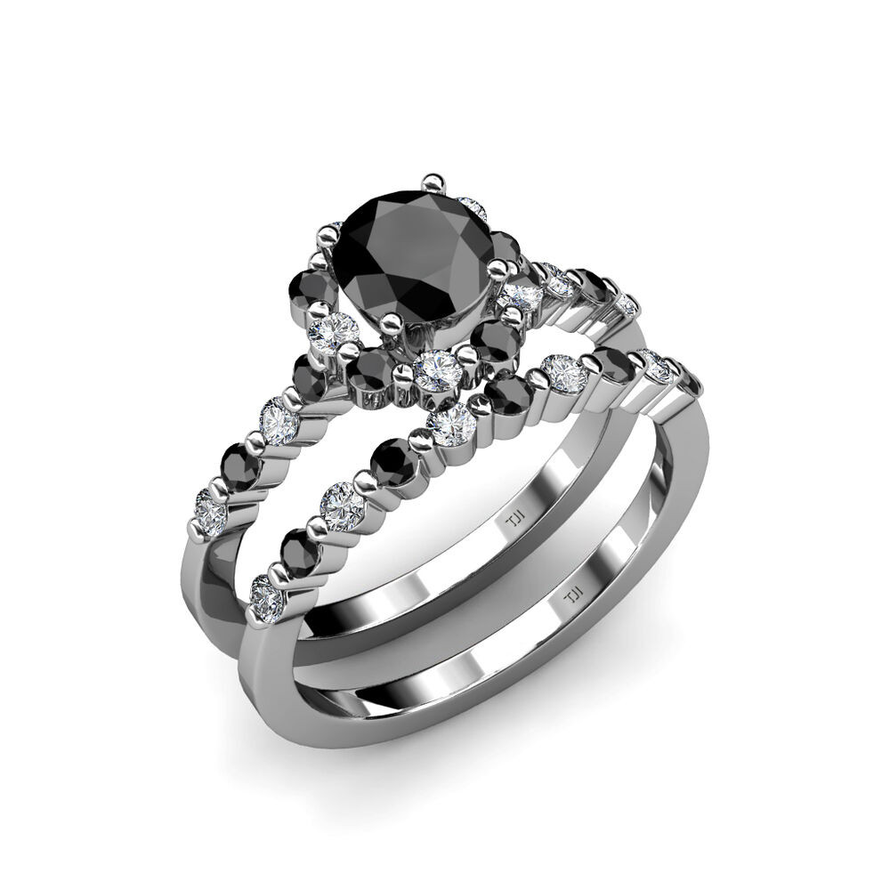 Black And White Wedding Ring Sets
 Black & White Diamond Halo Bridal Ring & Wedding Band Set