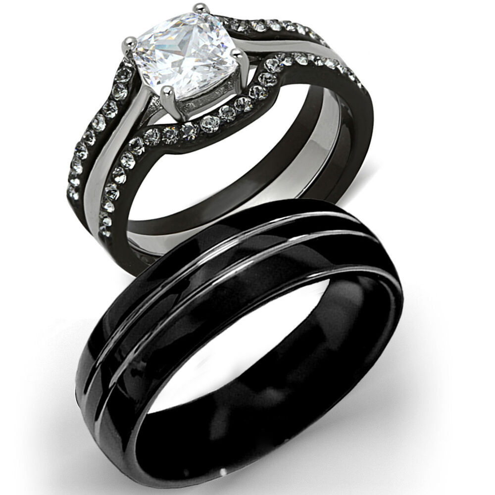 Black Band Wedding Rings
 His Tungsten & Hers Black Stainless Steel 4 Pc Wedding