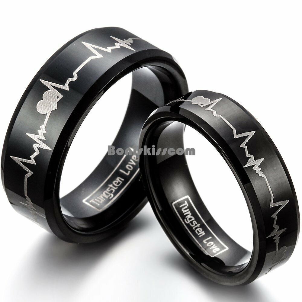 Black Band Wedding Rings
 Forever Love Promise Black Tungsten Carbide Ring Couple