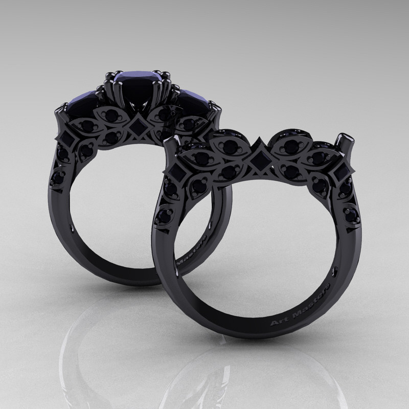 Black Band Wedding Rings
 Designer Classic 14K Black Gold Three Stone Princess Black