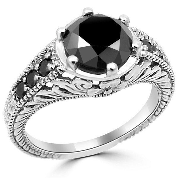 Black Diamond Engagement Rings
 2 Carat Round Fancy Black Diamond Engagement Ring 14k White