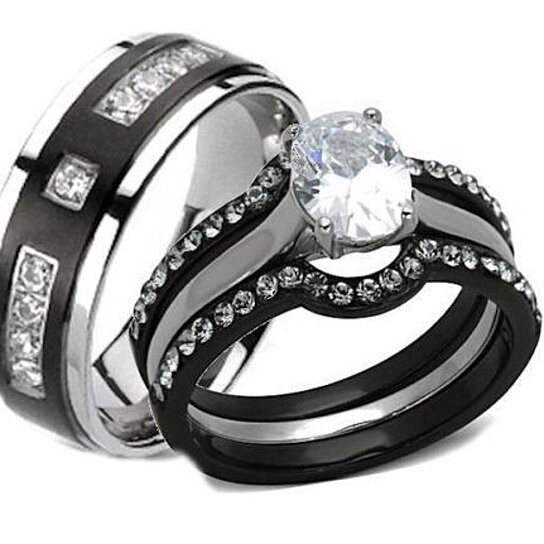 Black Diamond Rings For Her
 Buy His Hers 4 Piece Black Stainless Steel & Titanium