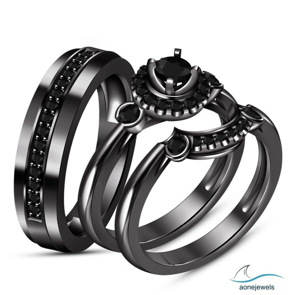 Black Diamond Rings For Her
 Black Gold Fn His Her I1 I2 Real Black Diamond Trio Ring