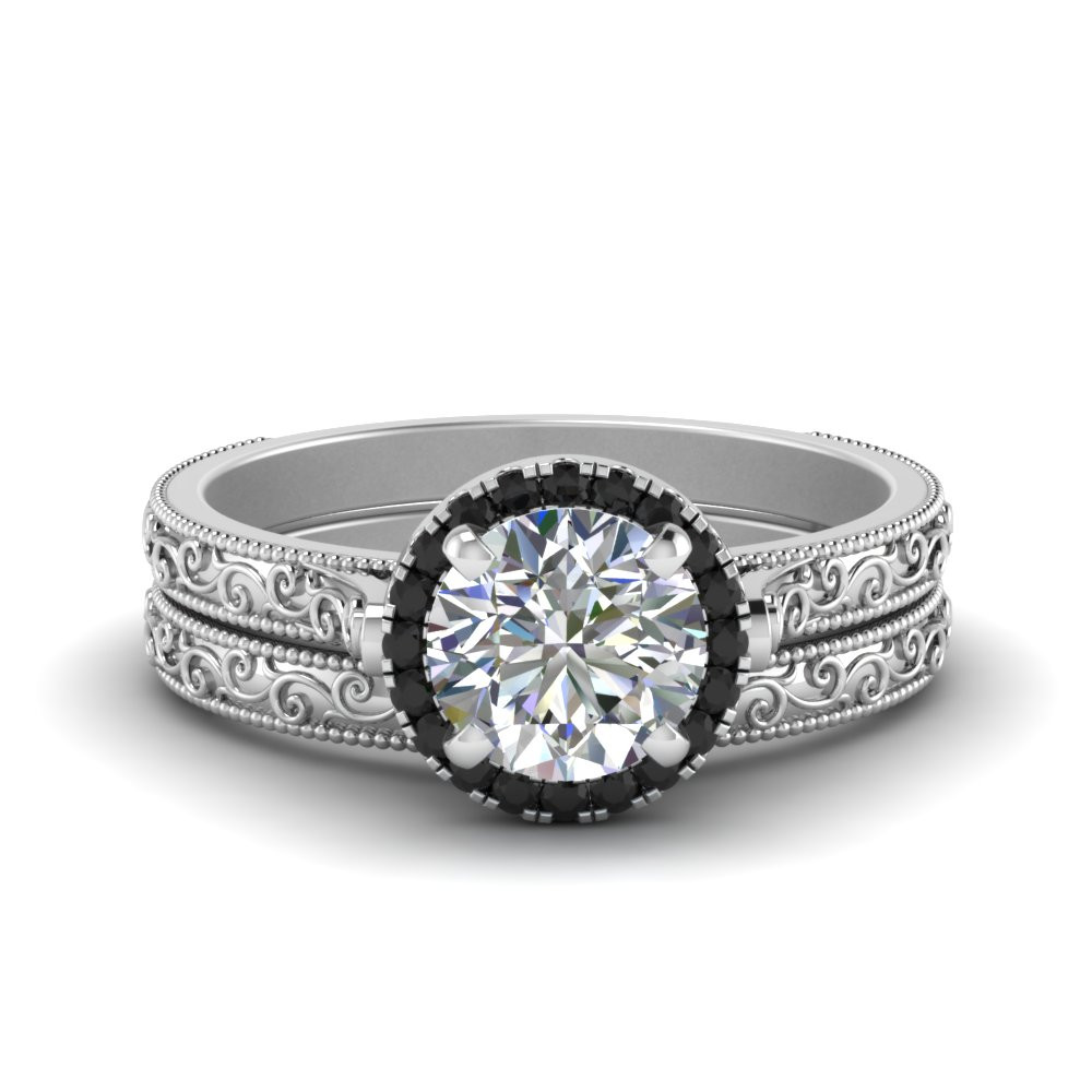 Black Diamond Wedding Rings Sets
 Hand Engraved Round Cut Halo Wedding Ring Set With Black