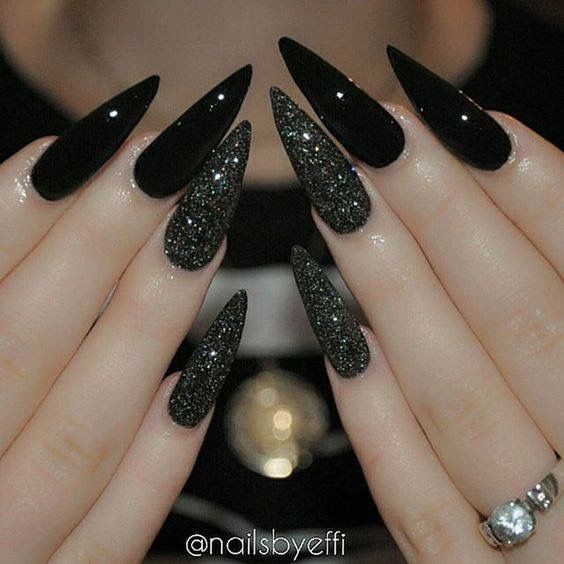 Black Glitter Stiletto Nails
 Black glitter stiletto nails Nails Pinterest