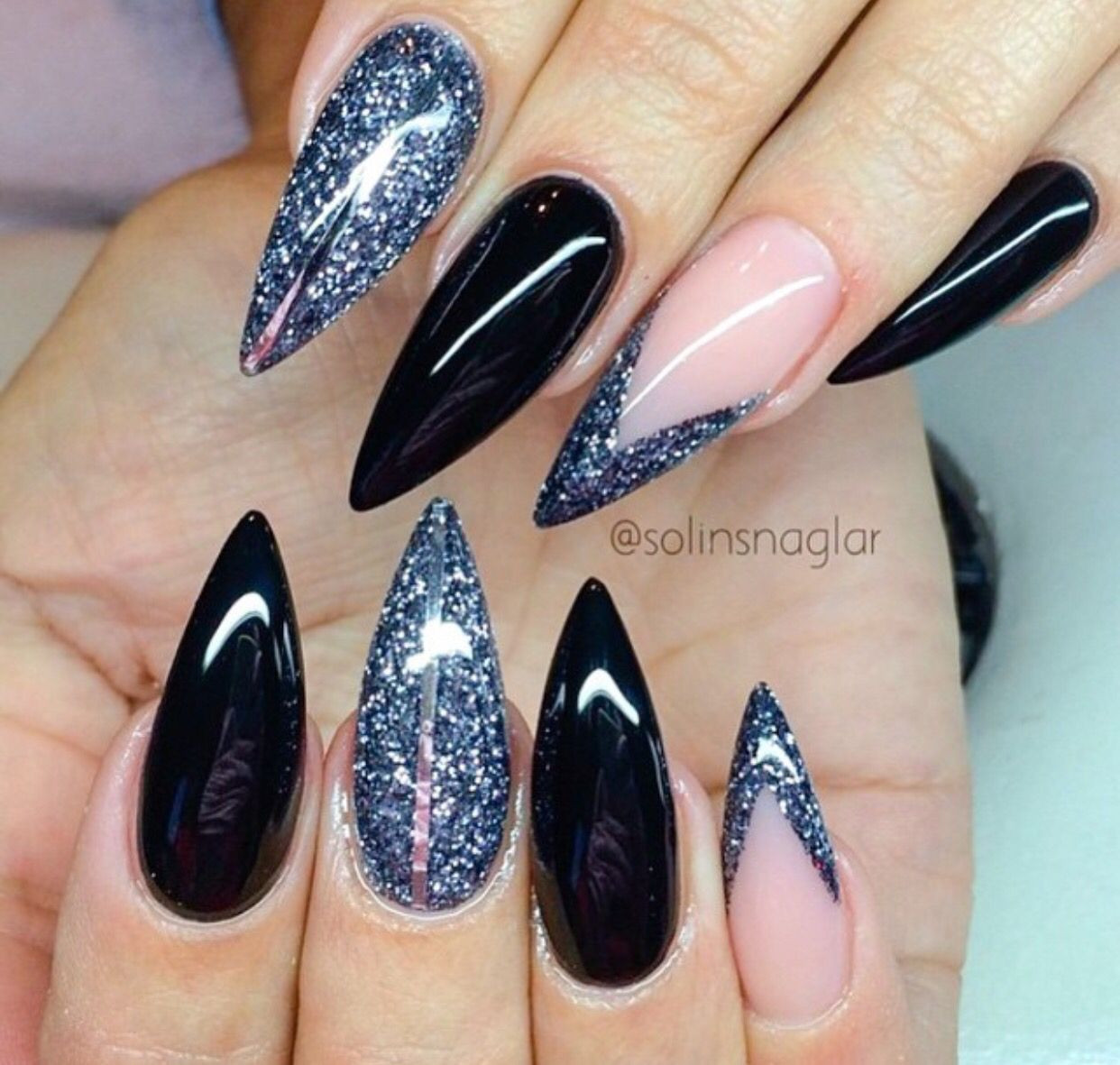 Black Glitter Stiletto Nails
 Black & Glitter Nails