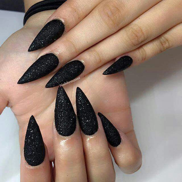 Black Glitter Stiletto Nails
 Black glitter stiletto long nails