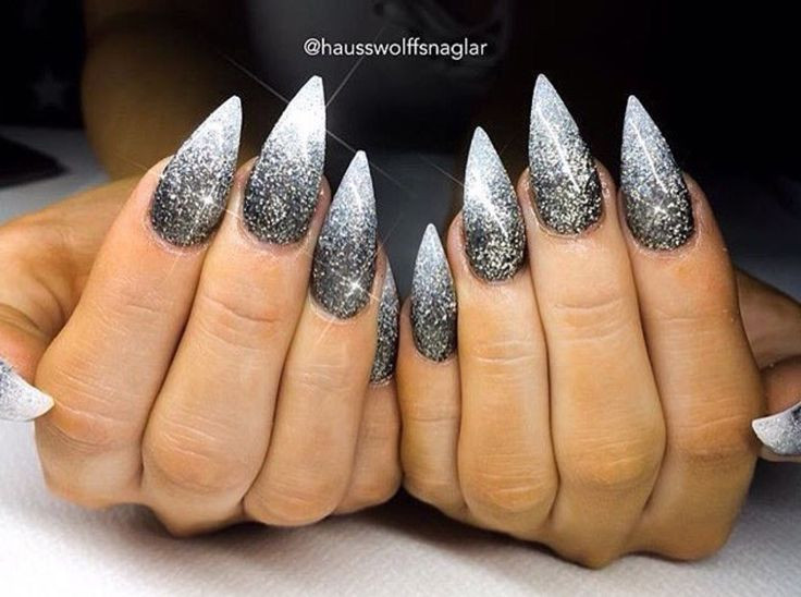 Black Glitter Stiletto Nails
 Black and white ombré glitter stiletto nails in 2019