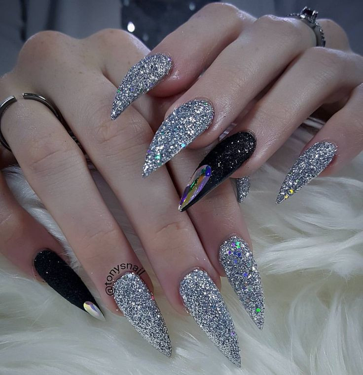 Black Glitter Stiletto Nails
 Fierce custom long black and silver glitter stiletto nails