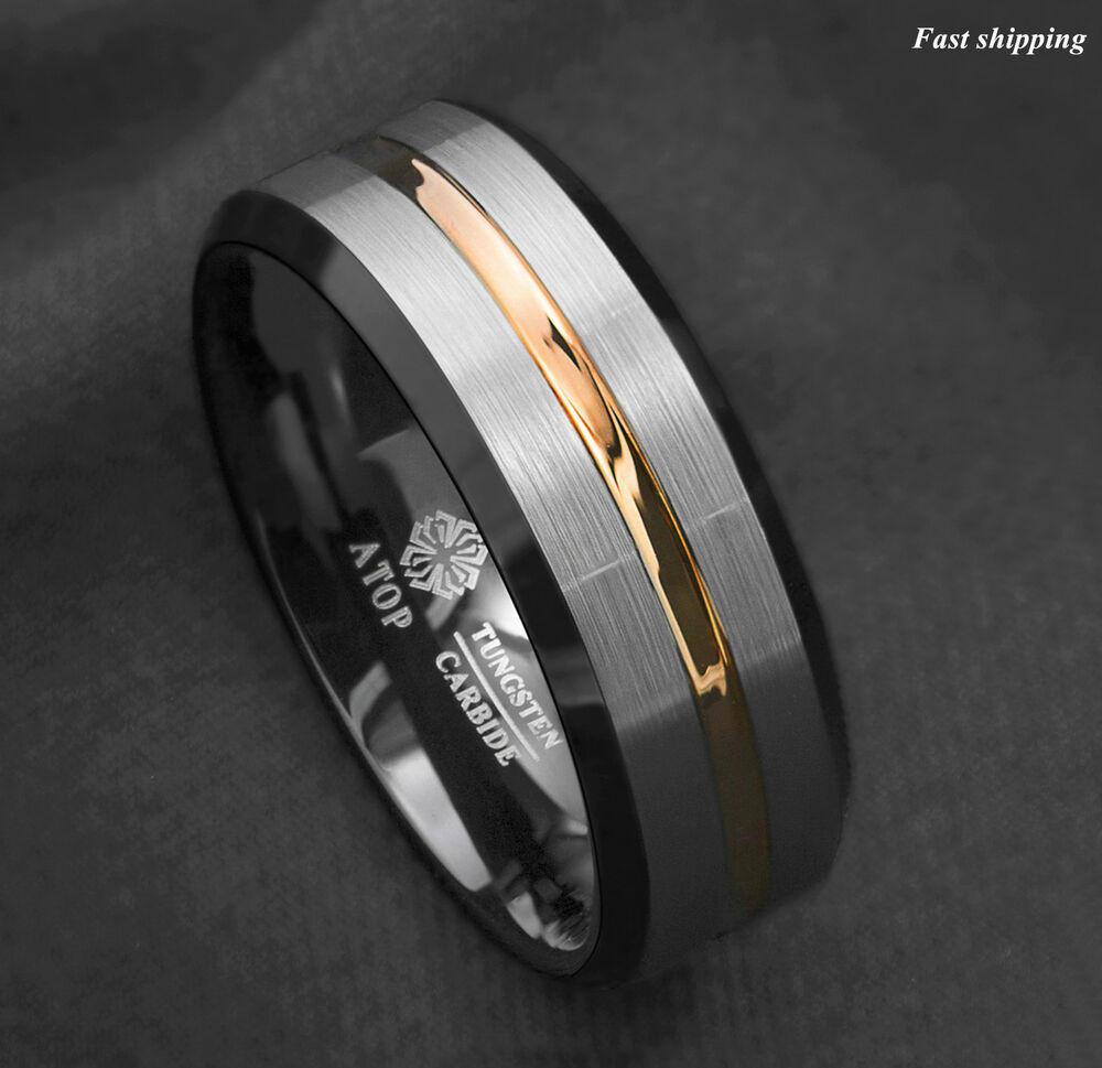 Black Gold Mens Wedding Rings
 8Mm Silver Brushed Black edge Tungsten Ring Gold Stripe