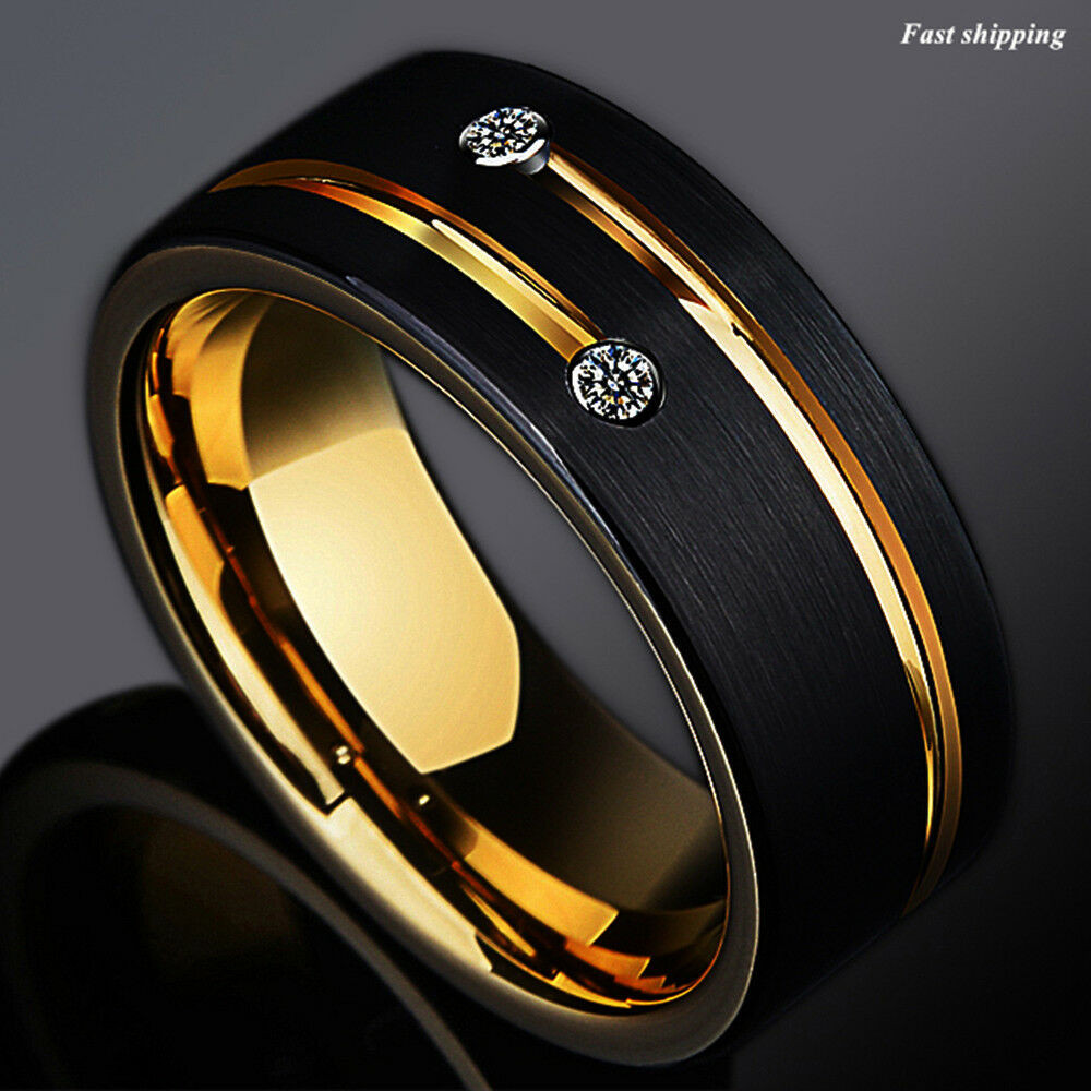 Black Gold Mens Wedding Rings
 8mm Black Brushed Tungsten Ring Gold Grooved Line Diamond