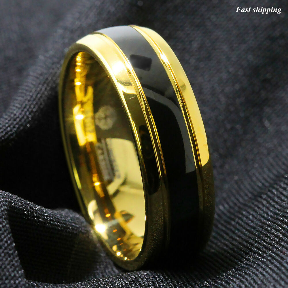 Black Gold Mens Wedding Rings
 8mm Black Dome 18K Gold Tungsten Ring Wedding Band Bridal