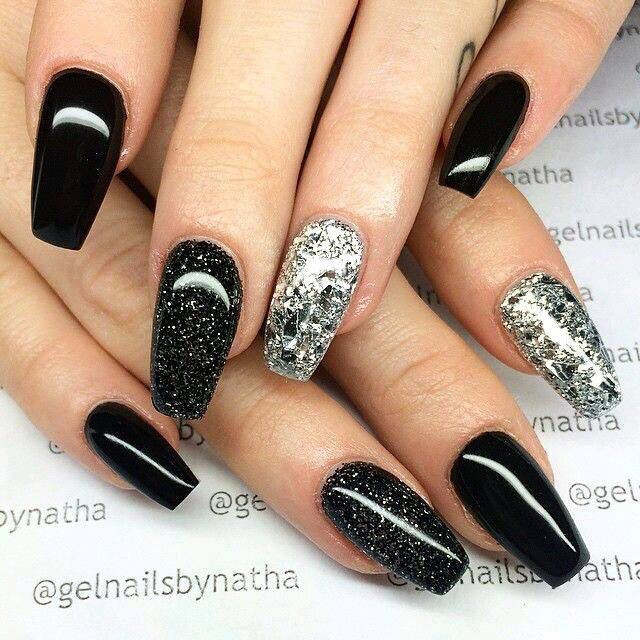 Black Nails With Glitter
 Black and silver in 2019