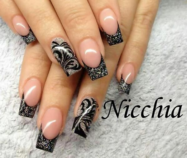 Black Nails With Silver Glitter
 silver black glitter french festive nails Favnails