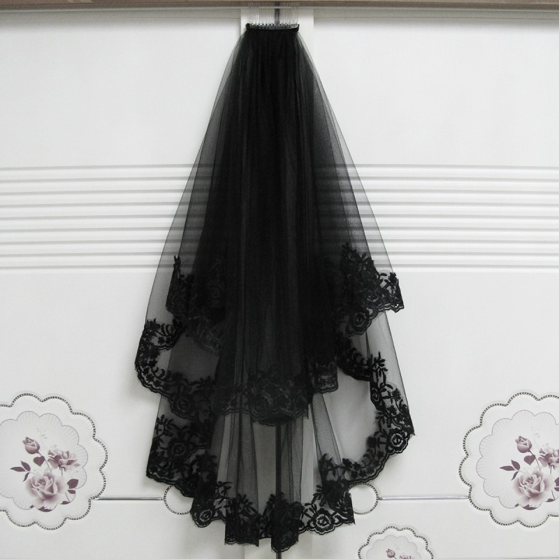 Black Veil Wedding
 Black Wedding Veils With b Lace Two Layers Tulle Short