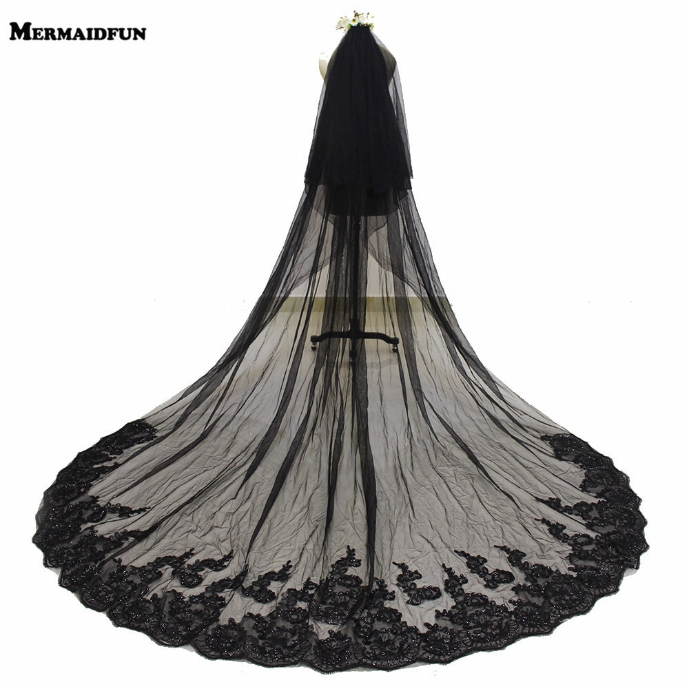 Black Veil Wedding
 Two Layers Sequins Lace Edge 3 Meters Black Long Wedding